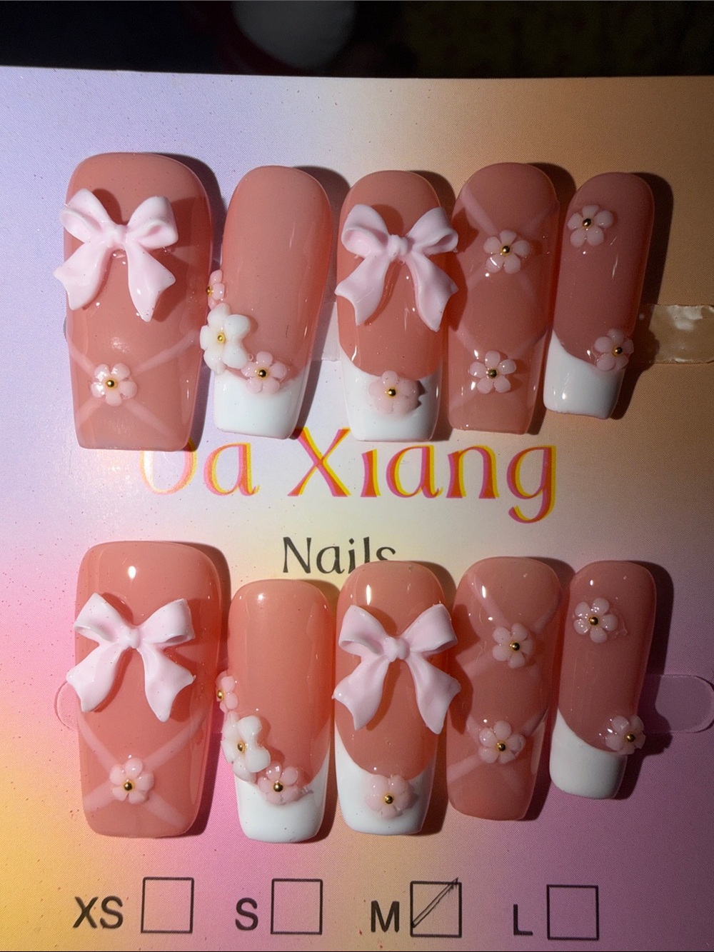 Pink Floral Bow French Press-On Nails